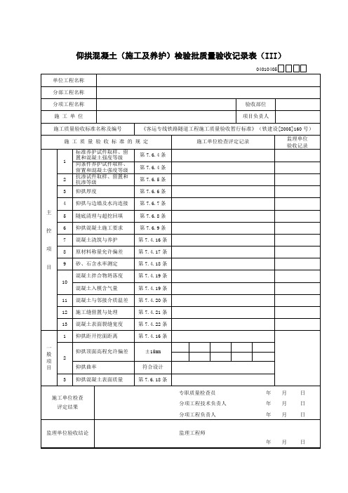 05仰拱混凝土(施工及养护)检验批质量验收记录表(Ⅲ)