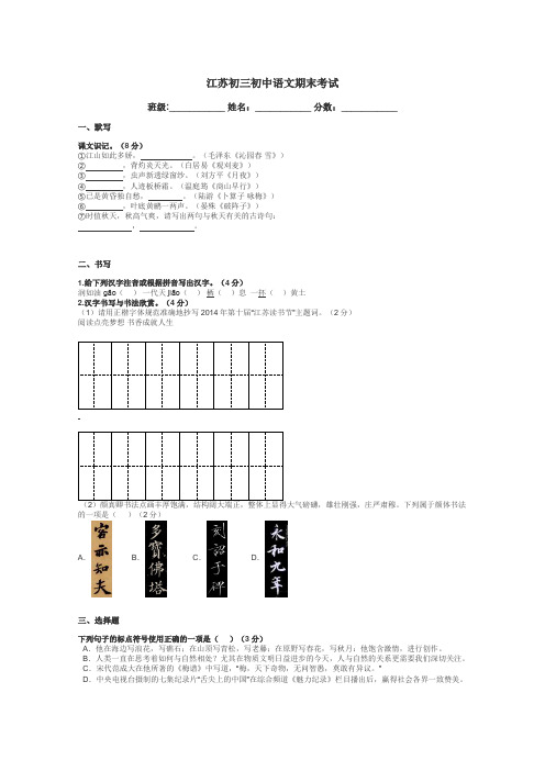 江苏初三初中语文期末考试带答案解析
