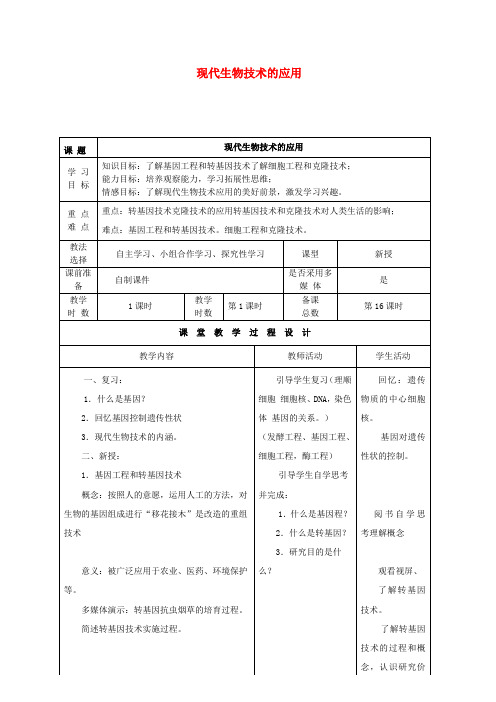 八年级生物下册24.1现代生物技术的应用教案(新版)苏教版