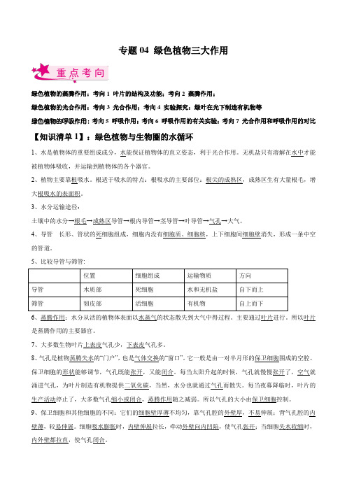 专题04 绿色植物三大作用- 备战2023年中考生物一轮复习全考点精讲精练(解析版)