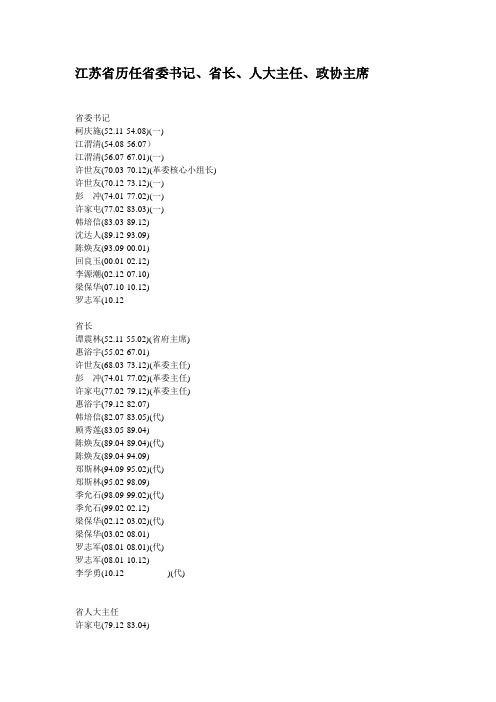 江苏省历任省委书记