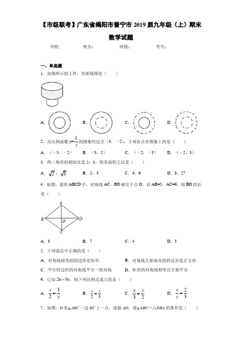 【市级联考】广东省揭阳市普宁市2021届九年级(上)期末数学试题