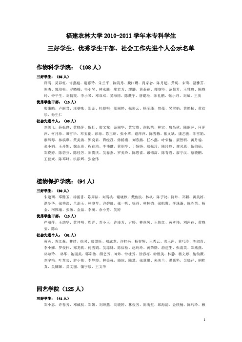 福建农林大学2010-2011学年本专科学生三好学生优秀学生干部