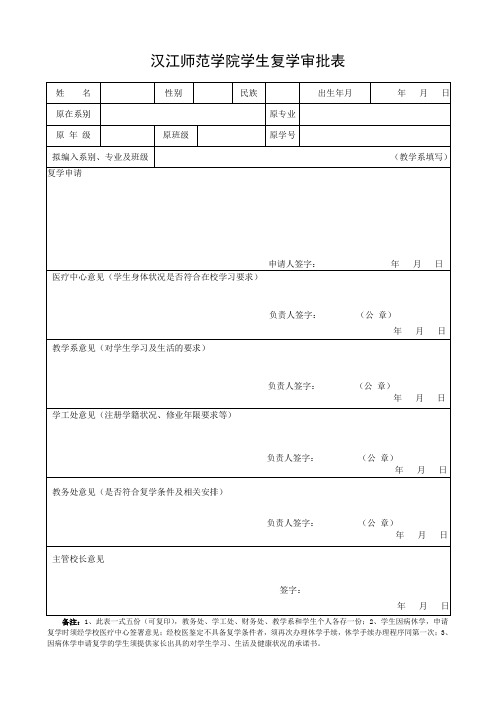 汉江师范学院学生复学审批表