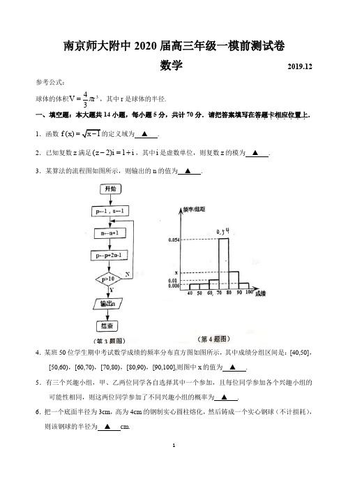 南京师大附中2020届高三年级一模前测试卷 数学