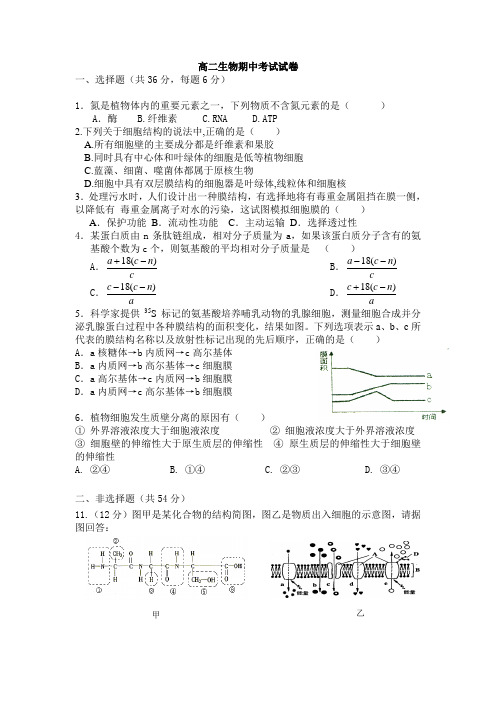 高二生物期中考试试卷及答题卡