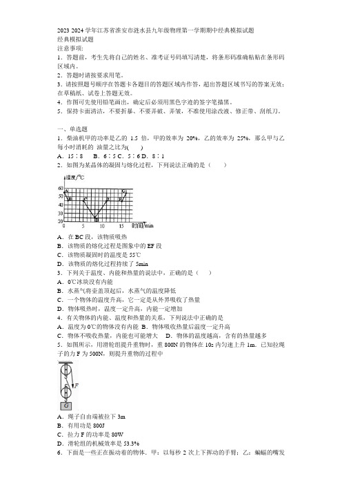 2023-2024学年江苏省淮安市涟水县九年级物理第一学期期中经典模拟试题含解析