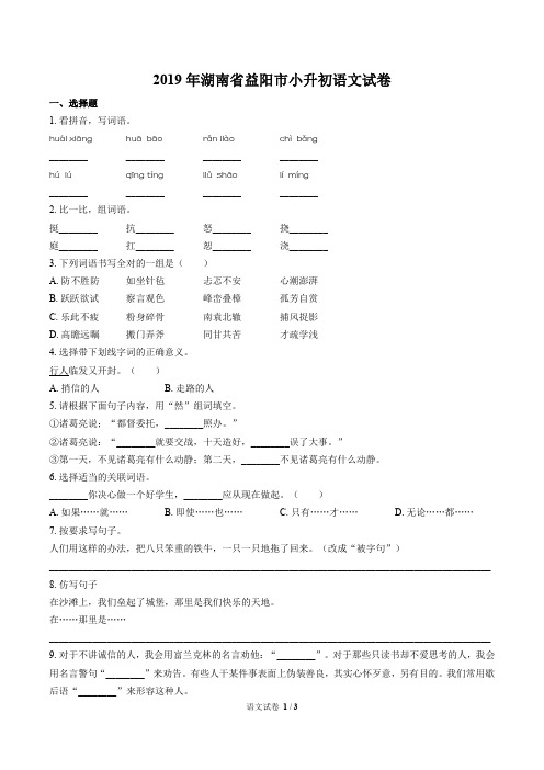 2019年湖南省益阳市小升初语文试卷