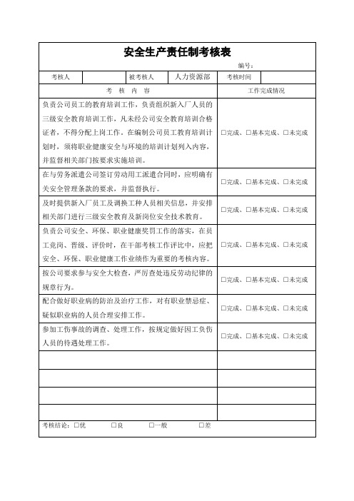 人力资源部安全生产责任制考核表