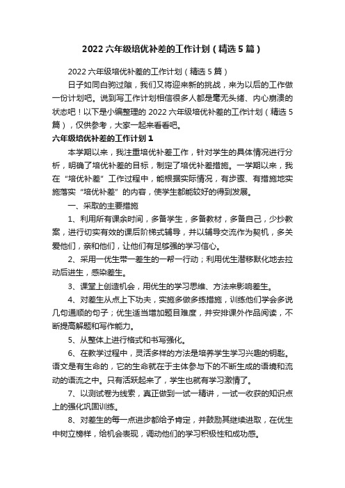 2022六年级培优补差的工作计划（精选5篇）