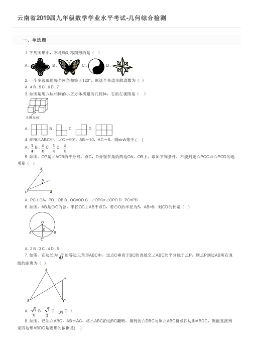 云南省2019届九年级数学学业水平考试-几何综合检测及参考答案