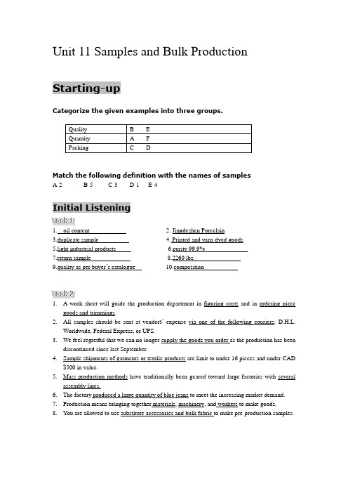 商务英语听说PPT  参考答案Unit 11 Samples and Bulk Production