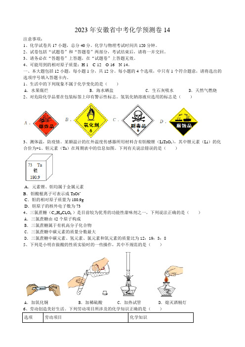 2023年安徽省中考化学预测卷14(含答案)