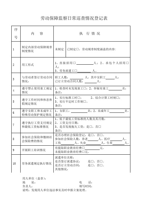 劳动保障监察日常巡查情况登记表