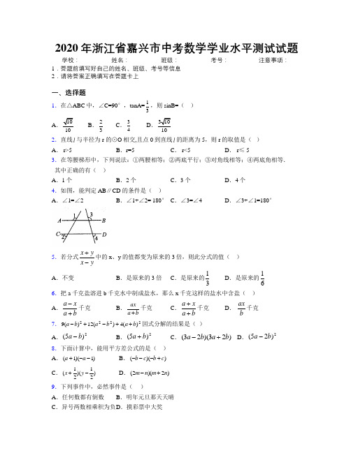 2020年浙江省嘉兴市中考数学学业水平测试试题附解析