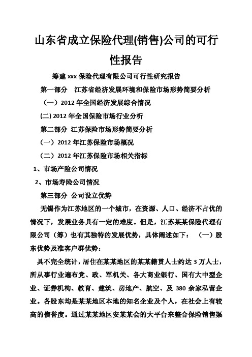 山东省成立保险代理（销售）公司的可行性报告