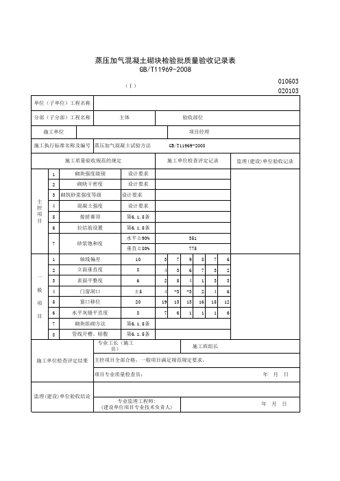 蒸压加气混凝土砌块检验批质量验收记录表