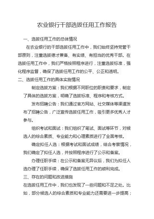 农业银行干部选拔任用工作报告