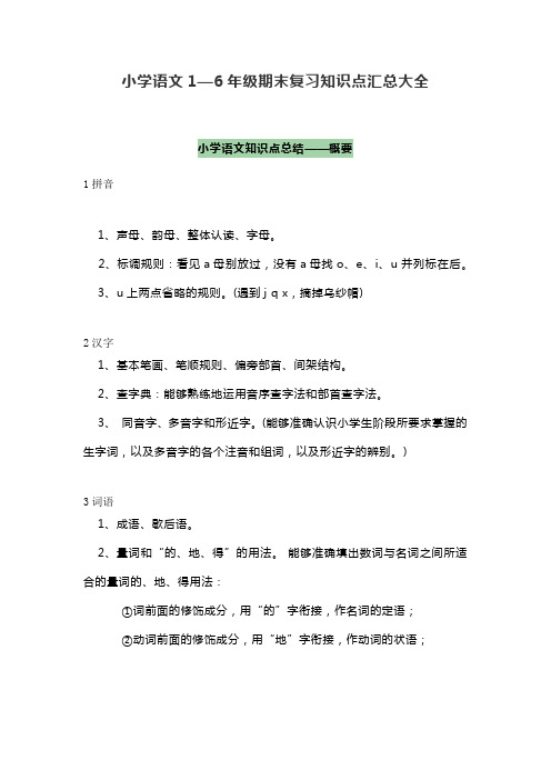 小学语文1—6年级期末复习知识点汇总大全