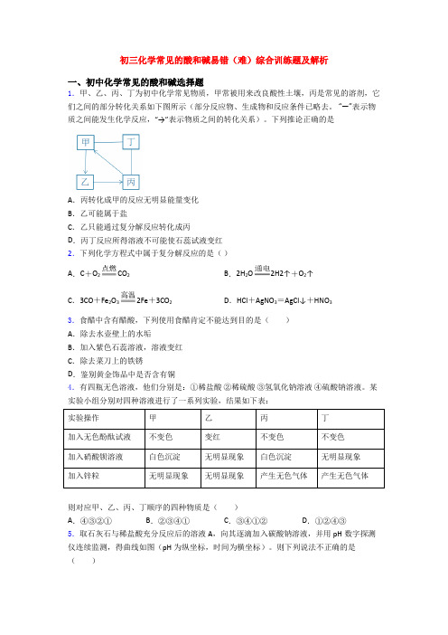 初三化学常见的酸和碱易错(难)综合训练题及解析