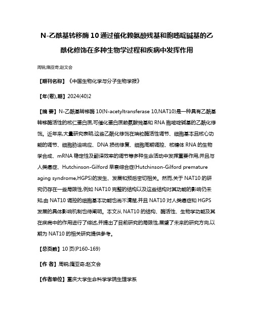 N-乙酰基转移酶10通过催化赖氨酸残基和胞嘧啶碱基的乙酰化修饰在多种生物学过程和疾病中发挥作用