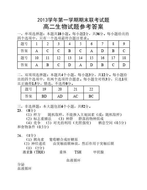 2013学年(上)高二生物联考试题答案(1205)