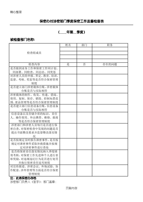 保密办对涉密部门季度保密工作监督检查表格模板