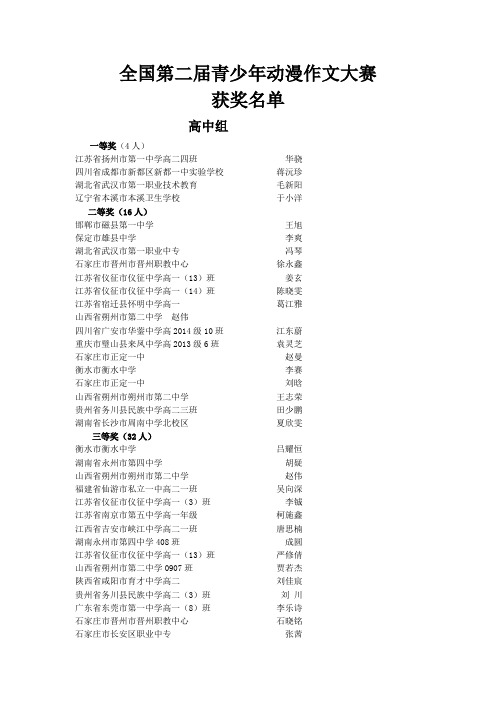 全国第二届青少年动漫作文大赛 获奖名单