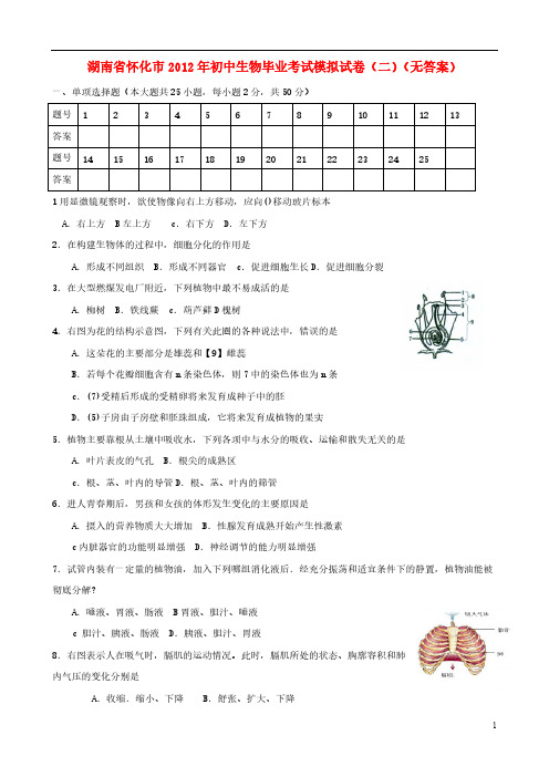 【VIP专享】湖南省怀化市2012年初中生物毕业考试模拟试卷(二