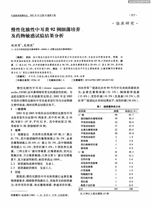 慢性化脓性中耳炎92例细菌培养及药物敏感试验结果分析