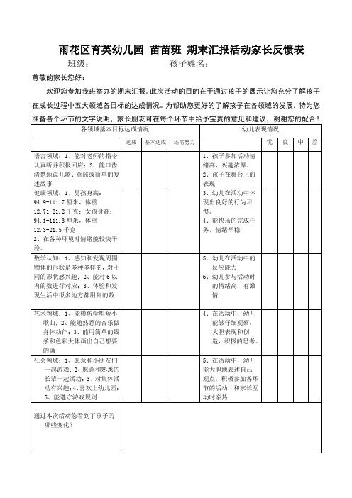 小班期末汇报家长反馈表