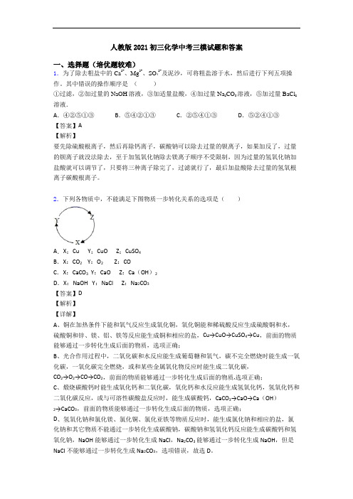 人教版2021初三化学中考三模试题和答案