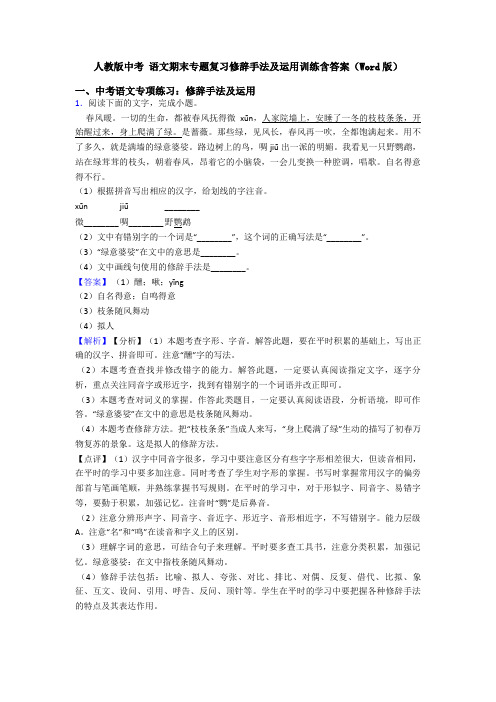 人教版中考 语文期末专题复习修辞手法及运用训练含答案(Word版)