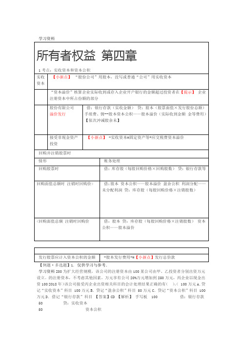 初级会计第4章 所有者权益知识点讲解学习