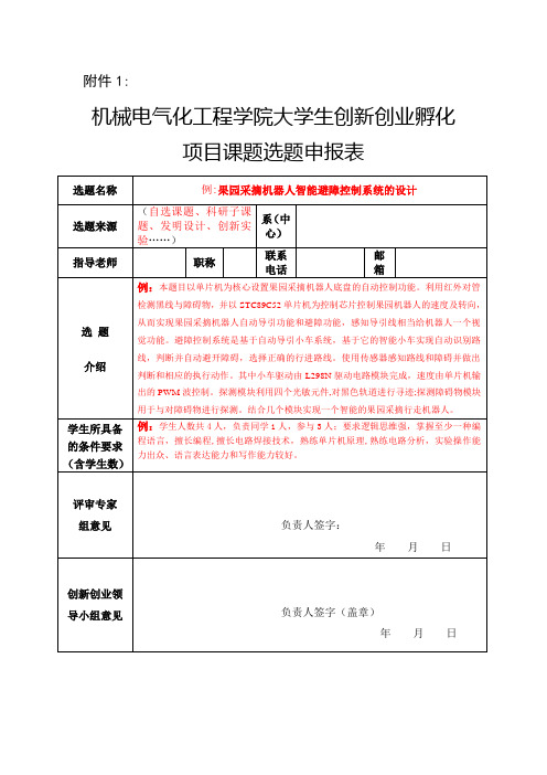 机械电气化工程学院大学生创新创业孵化项目课题选题申报表