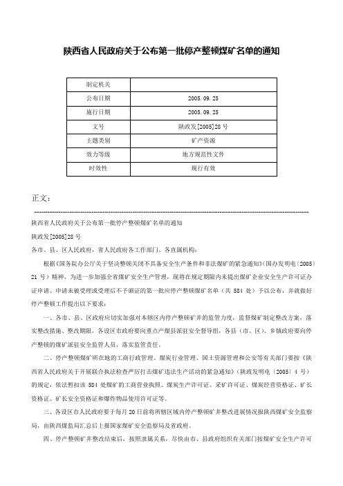 陕西省人民政府关于公布第一批停产整顿煤矿名单的通知-陕政发[2005]28号