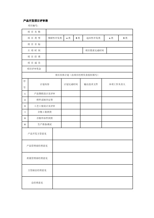 产品开发项目评审表 格式 