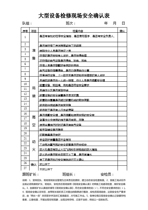 大型设备检修现场安全确认表