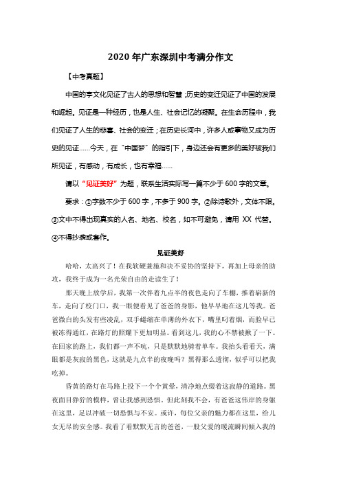 2020年广东深圳中考满分作文《见证美好》3