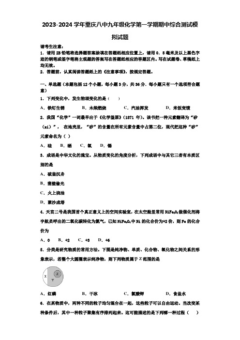 2023-2024学年重庆八中九年级化学第一学期期中综合测试模拟试题含解析