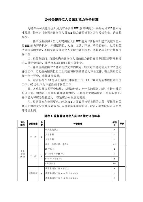 公司关键岗位人员HSE能力评价标准