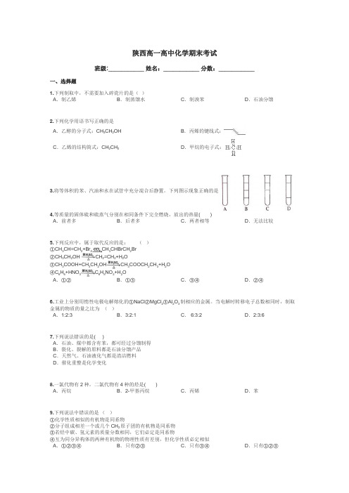 陕西高一高中化学期末考试带答案解析
