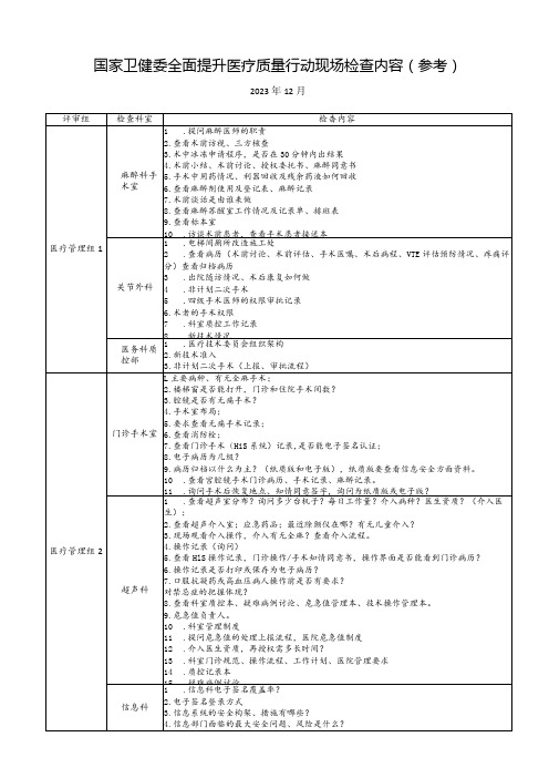 2023国家卫健委全面提升医疗质量行动现场检查内容(参考)