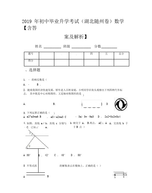 2019年初中毕业升学考试(湖北随州卷)数学【含答案及解析】