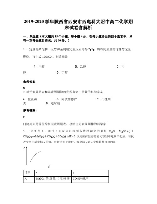 2019-2020学年陕西省西安市西电科大附中高二化学期末试卷含解析