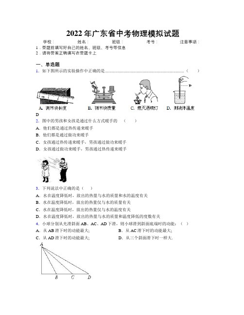 2022年广东省中考物理模拟试题附解析