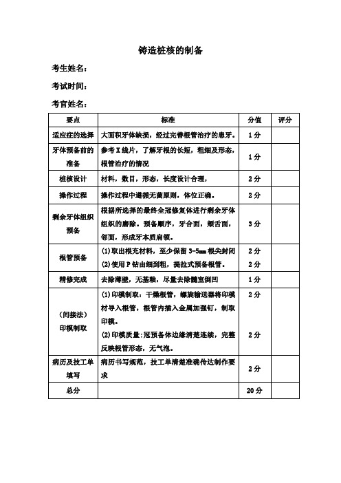 铸造桩核制备操作步骤及打分标准(1)