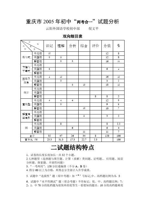 重庆市2005年中考试卷分析