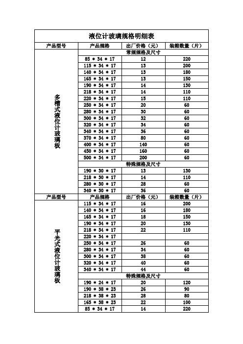 液位计玻璃规格明细表