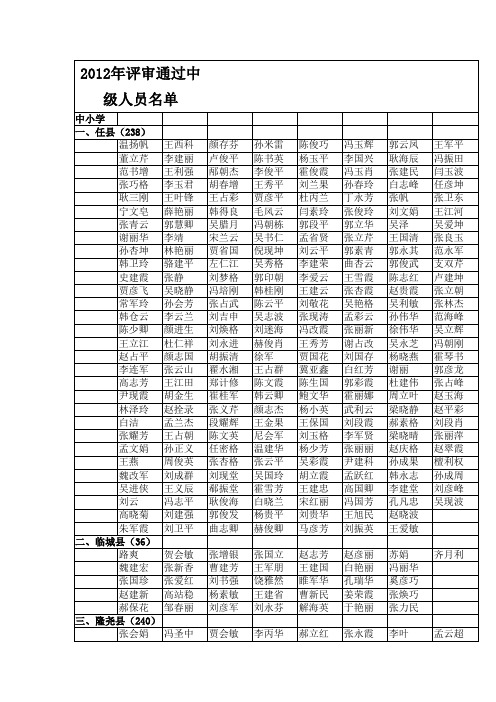 2012年评审通过中级人员名单